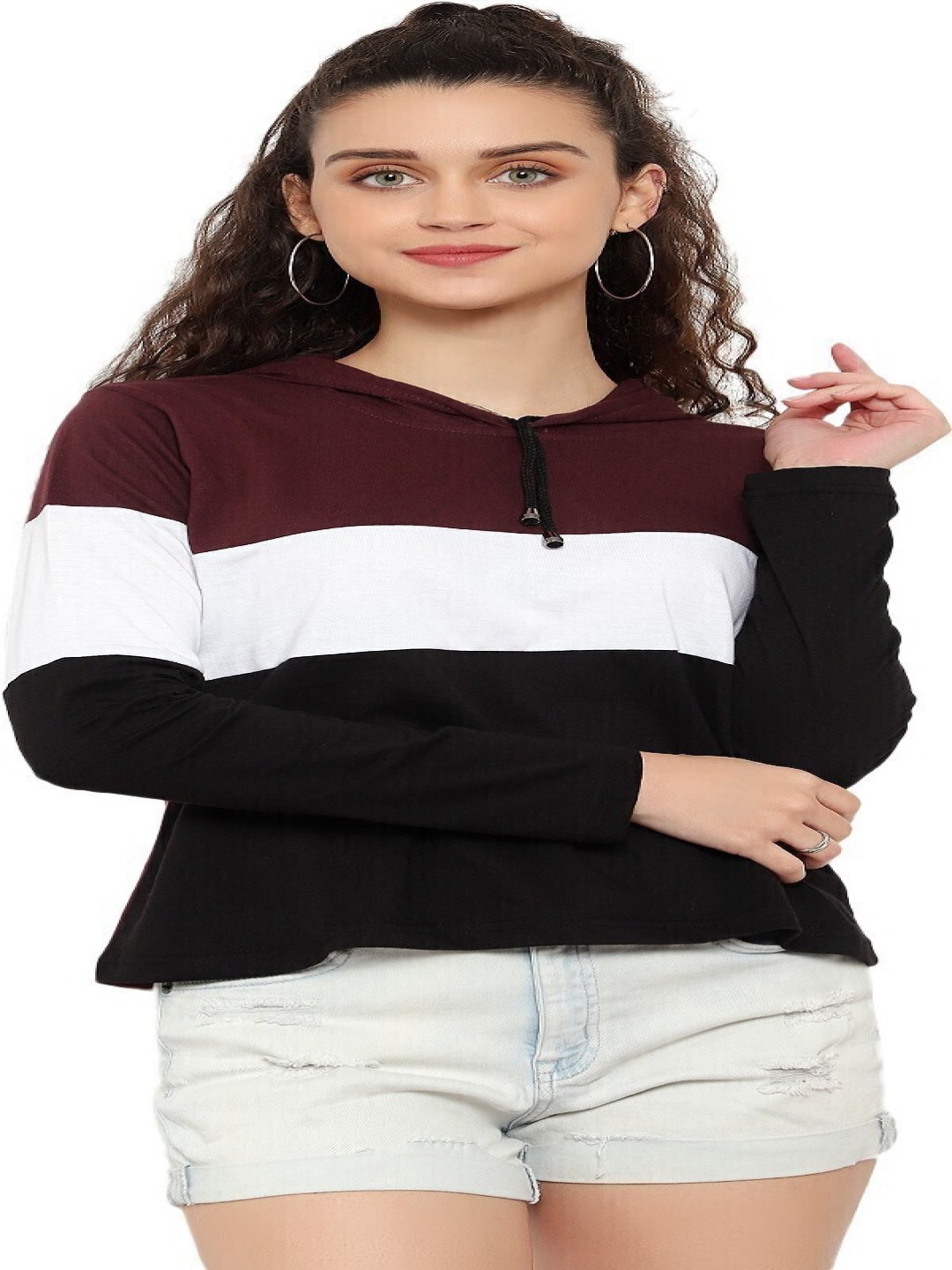 

DEEPMAYRA COLLECTION Women Colourblocked Hooded Cotton T-shirt, Black