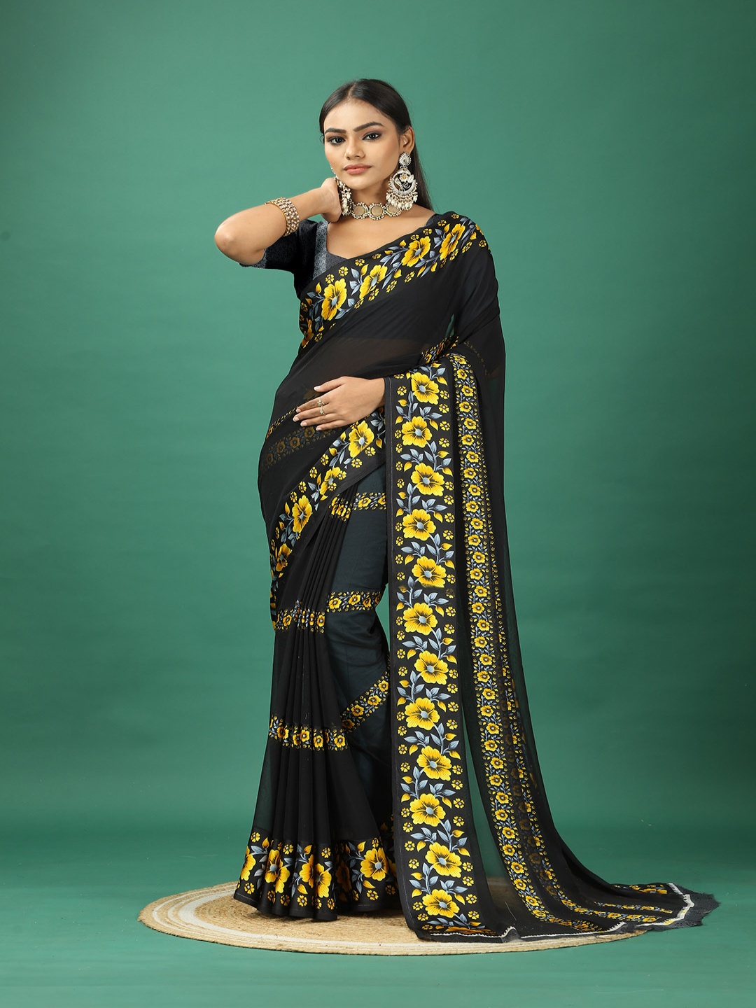 

NIRMAL CREATION Floral Printed Pure Georgette Saree, Black