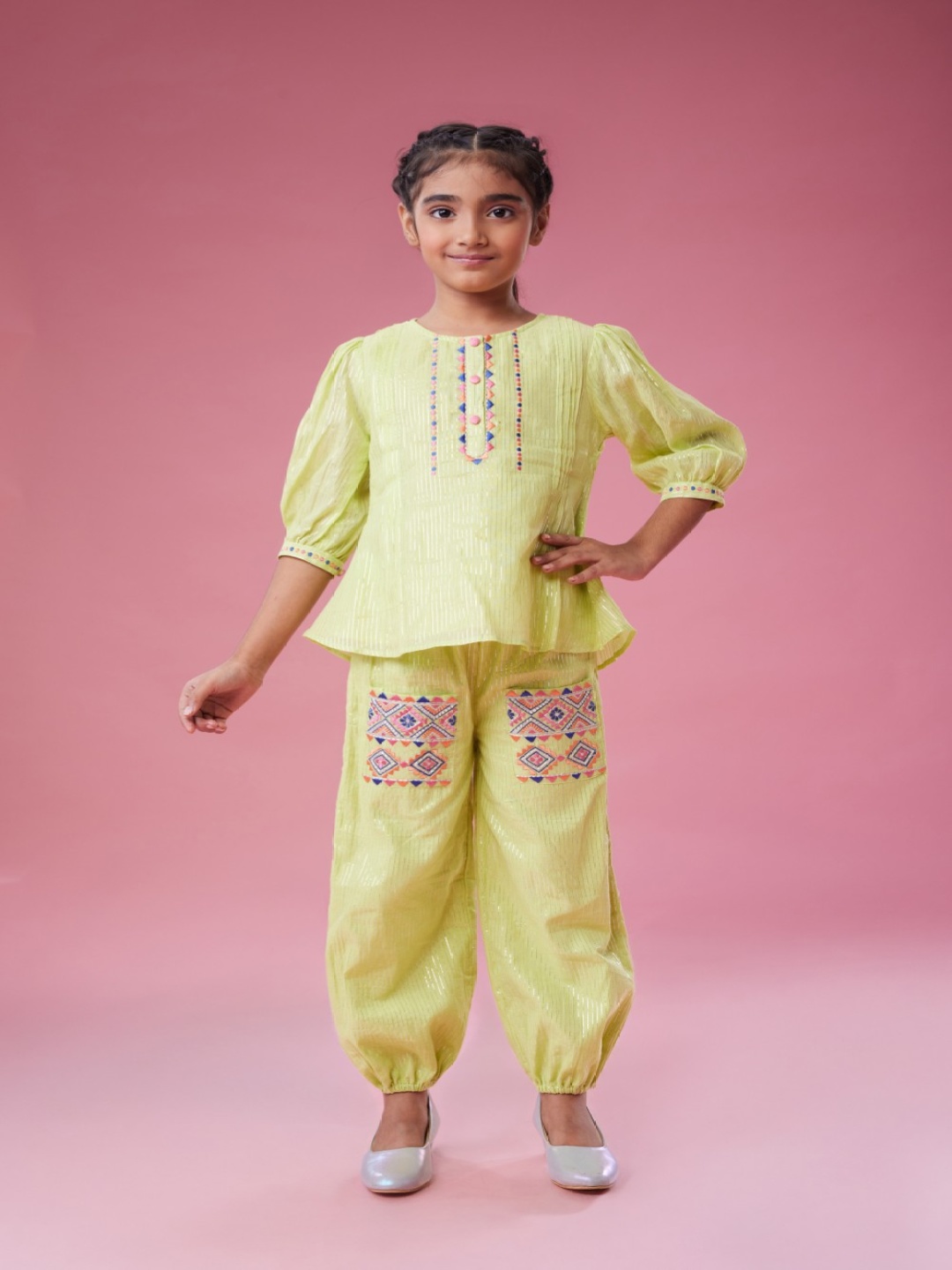 

MASTARANG Girls Embroidered Puff Sleeves Top And Trouser, Lime green
