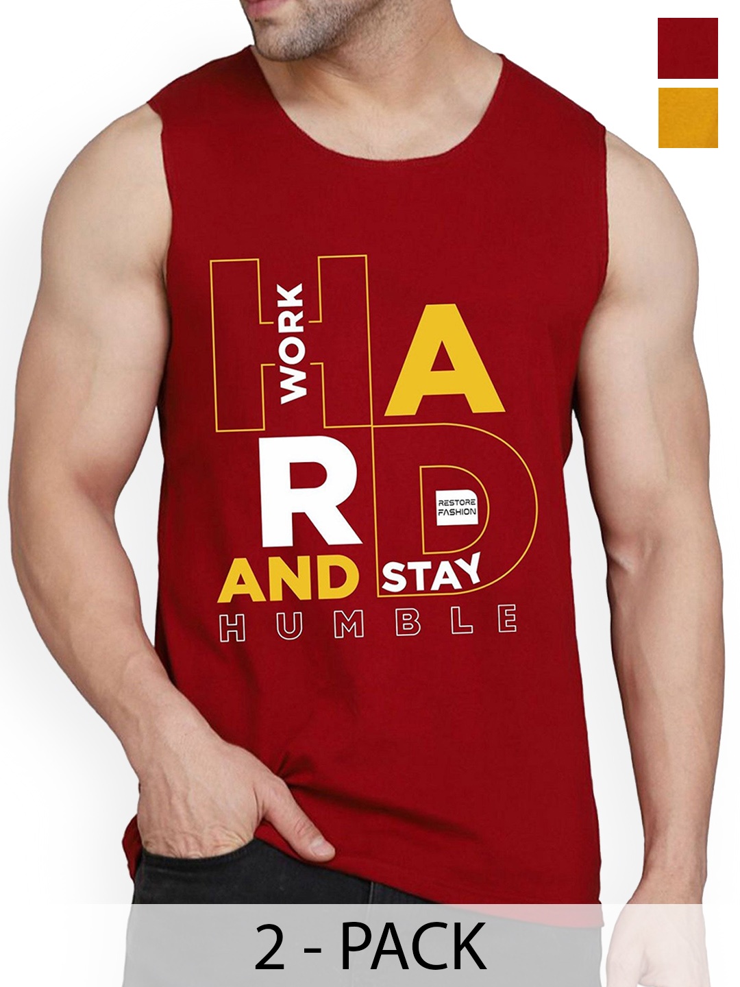 

WOOSTRO Pack Of 2 Printed Combed Cotton Gym Vest RS26 CMB (HARD MUSTARD) (HARD MAROON)