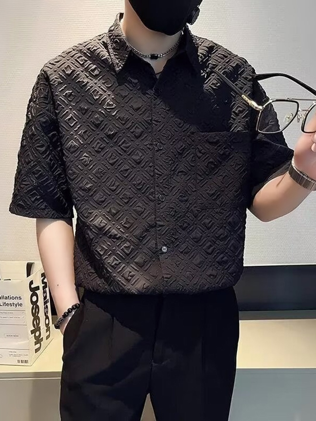 

HERE&NOW Men Oversized Fit Spread Collar Textured Casual Shirt, Green
