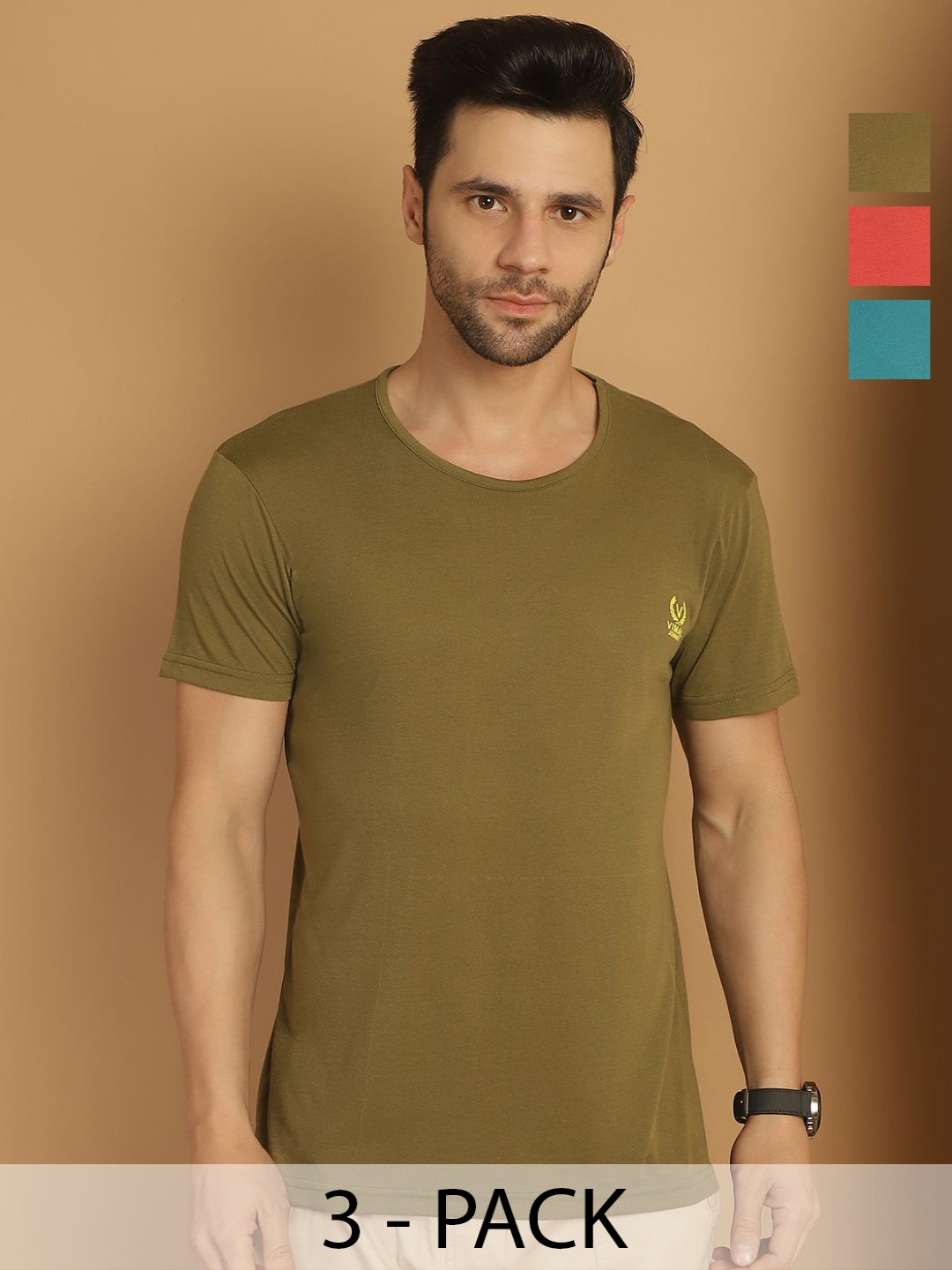 

VIMAL JONNEY Men Pack Of 3 Solid Round Neck Cotton T-shirts, Olive