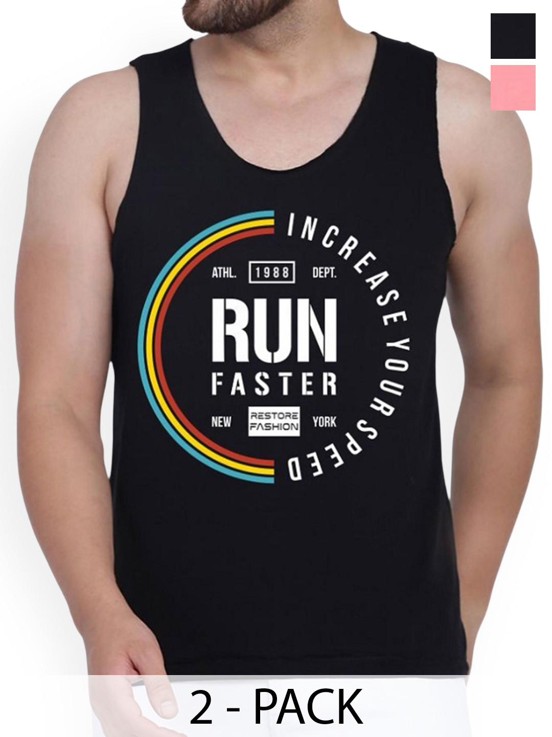 

WOOSTRO Pack Of 2 Printed Combed Cotton Gym Vest RS26 CMB (HARD PEACH) (RUN BLACK