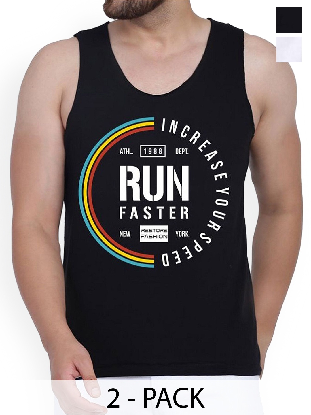 

Woostro Men Pack Of 2 Printed Cotton Gym Innerwear Vests RS26 CMB (RUN WHITE) (RUN BLACK)