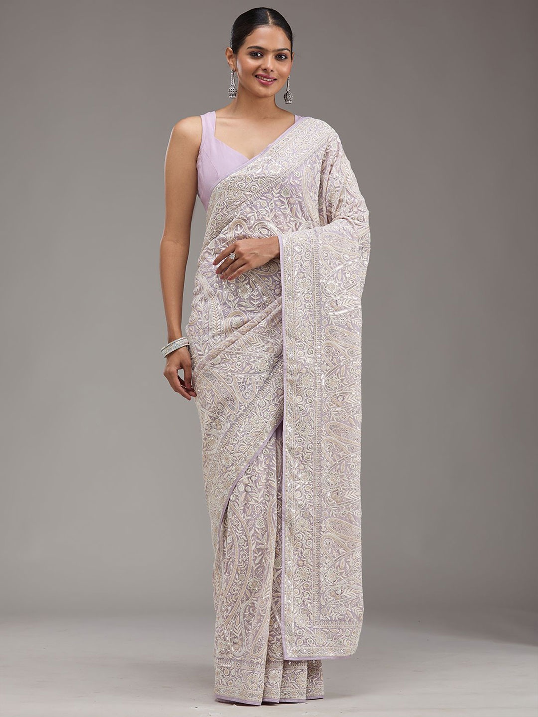 

Koskii Lavender Threadwork Georgette Saree