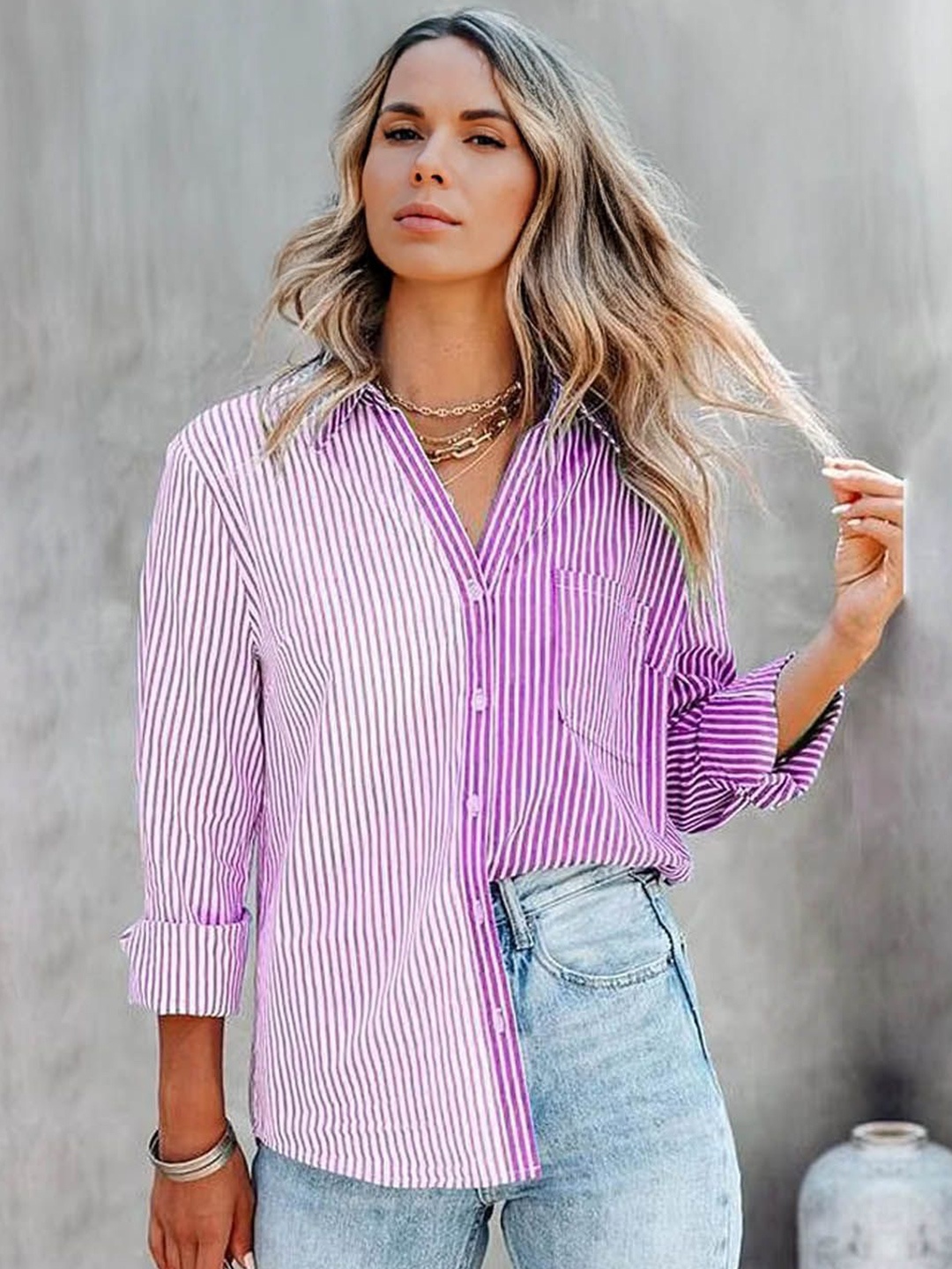 

StyleCast Women Spread Collar Vertical Striped Casual Shirt, Purple