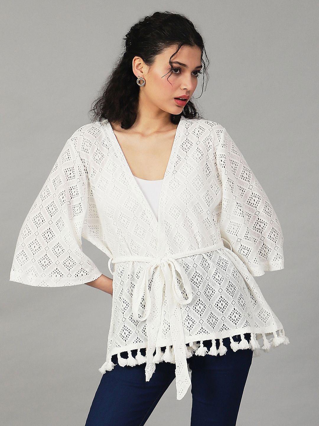 

UnaOne Geometric Self Design Tie-Up Pure Cotton Shrug, Off white