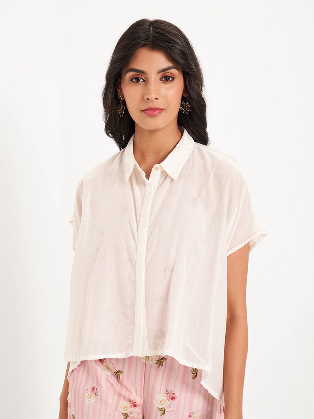 

AKKRITI BY PANTALOONS Kimono Sleeve Cotton Shirt Style Top, Off white