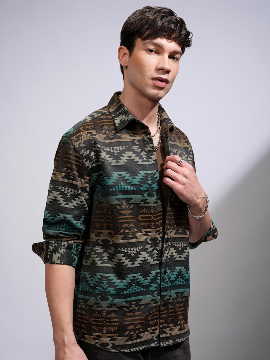 

HIGHLANDER Men Flannel Jacquard Textured Casual Relaxed Overshirt, Black