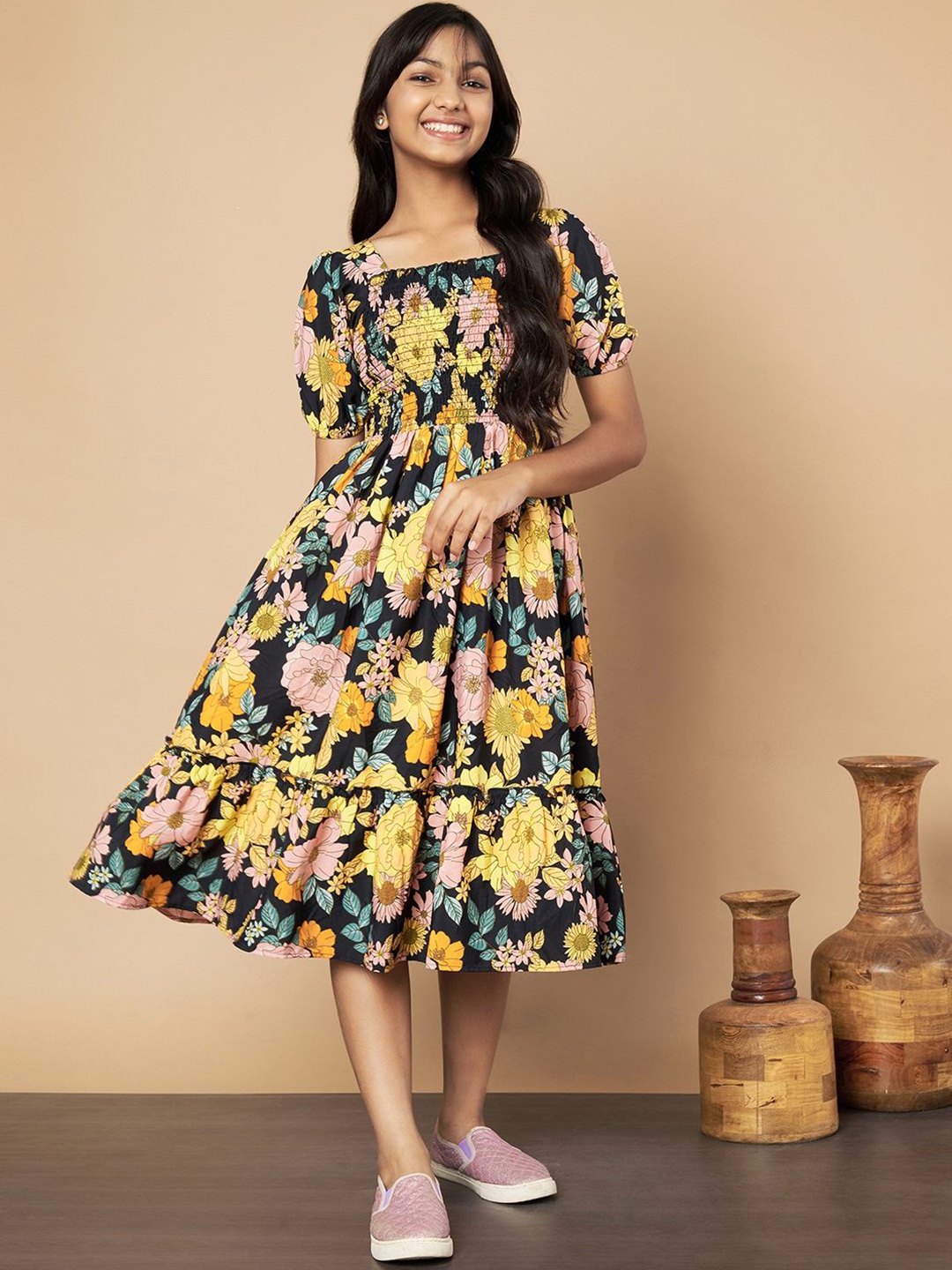 

ZWERLON Girls Floral Printed Smocked Detail Fit & Flare Dress, Yellow