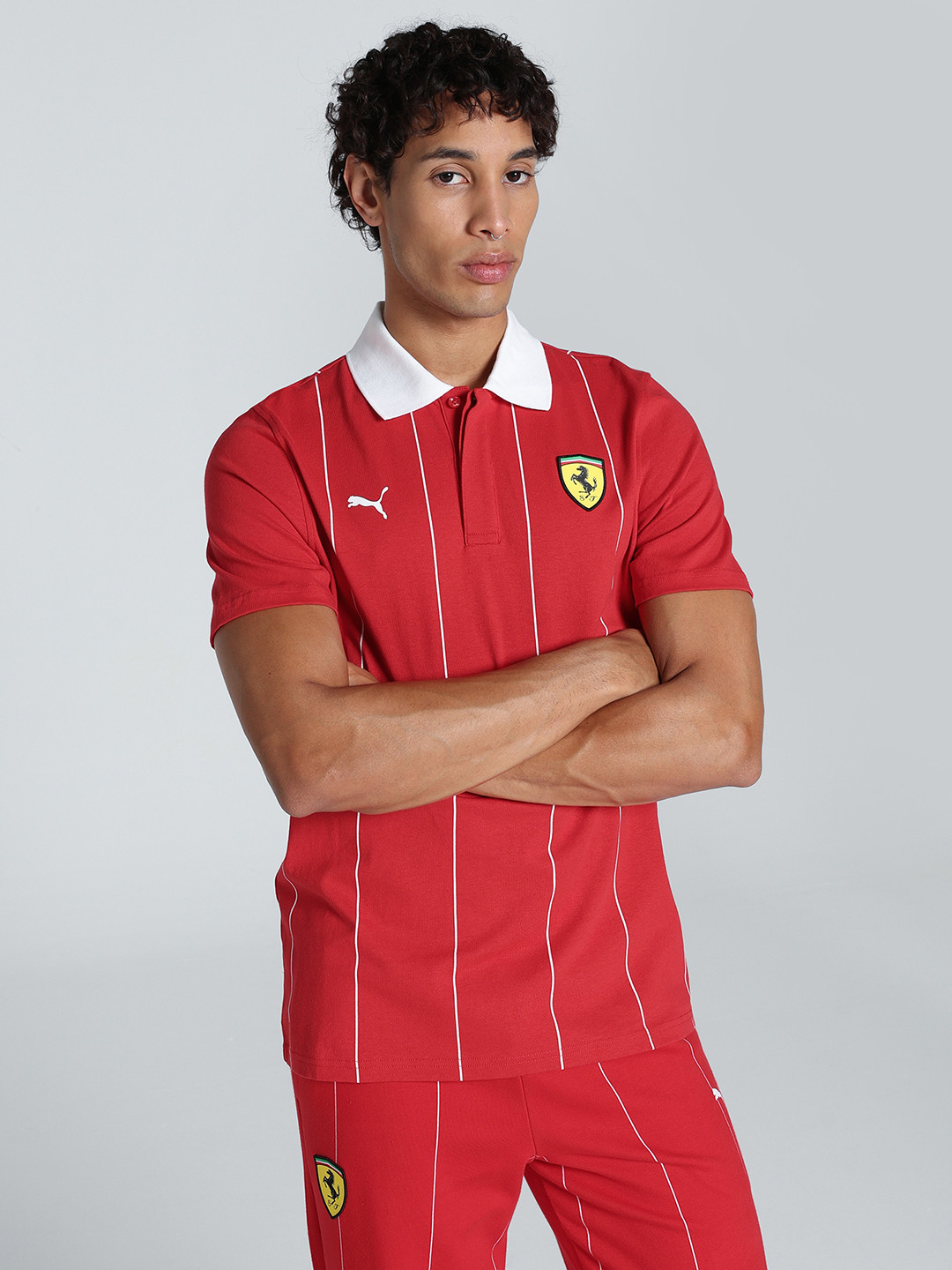

PUMA Motorsport Men Scuderia Ferrari Race Premium Striped Polo Collar Cotton T-shirt, Red