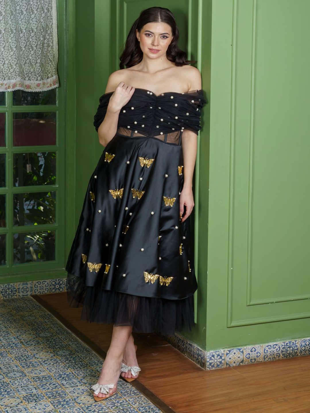

Neha Sharma Label Women Embellished A-Line Midi Dress, Black
