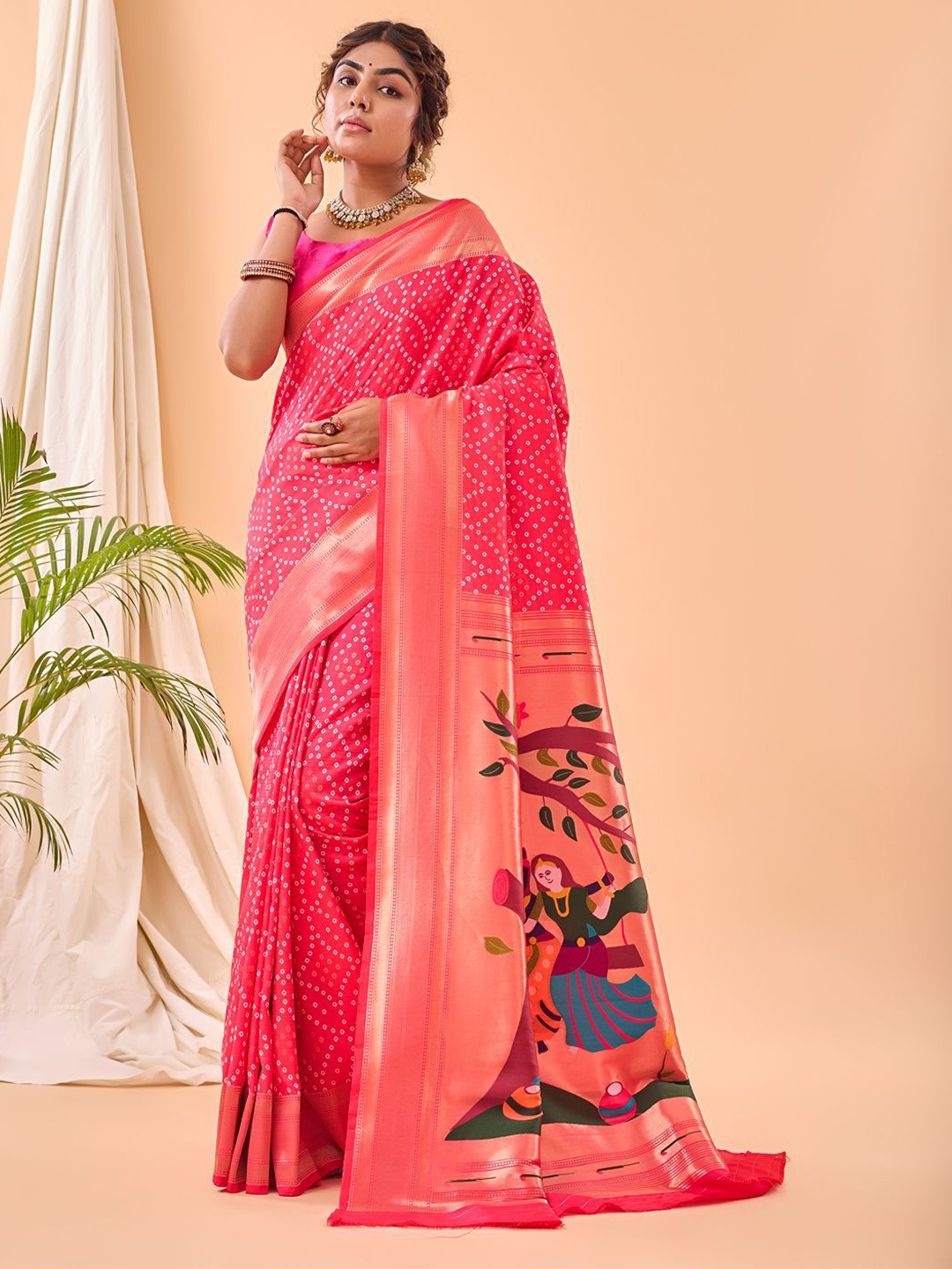 

TORONFRAS Bandhani Printed Paithani Saree, Pink