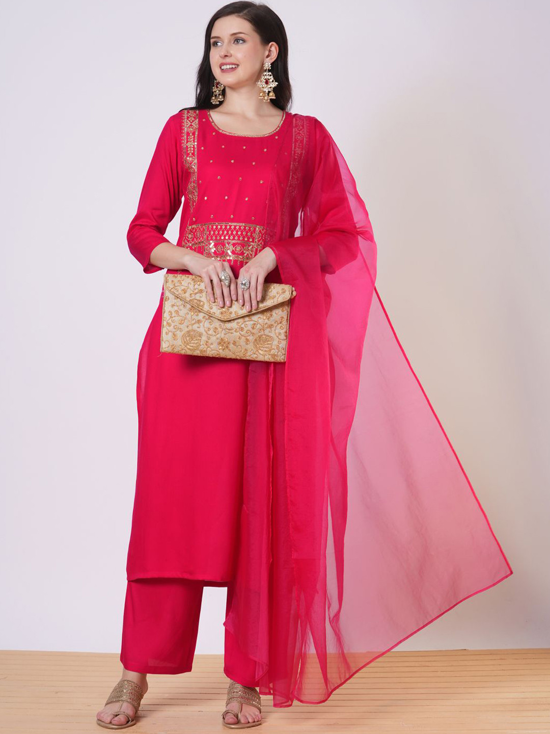 

Anni Designer Floral Embroidered Sequinned Straight Kurta With Palazzos & Dupatta, Pink