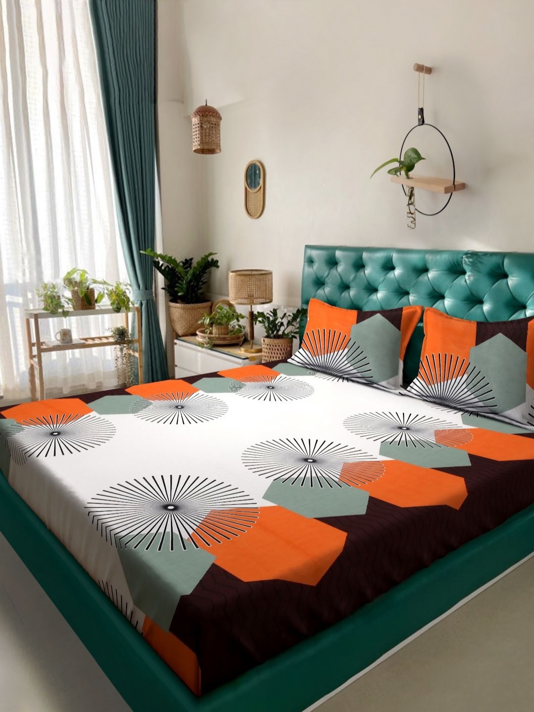 

HOSTA HOMES White & Orange Geometric 300 TC Queen Bedsheet with 2 Pillow Covers