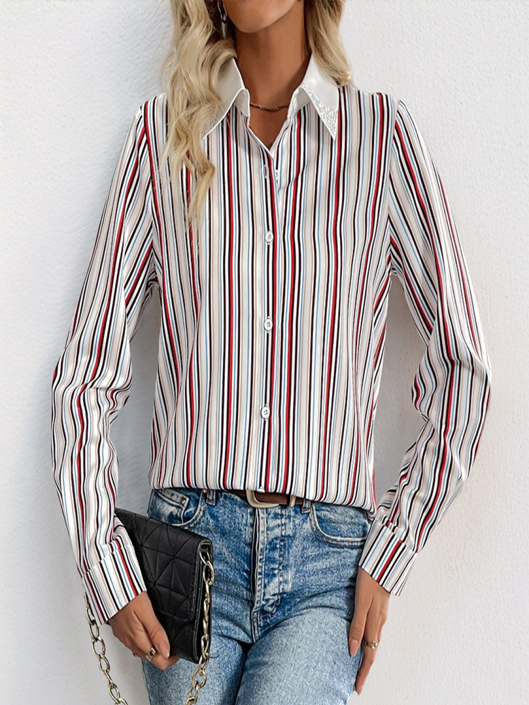 

StyleCast Women Spread Collar Vertical Striped Casual Shirt, White