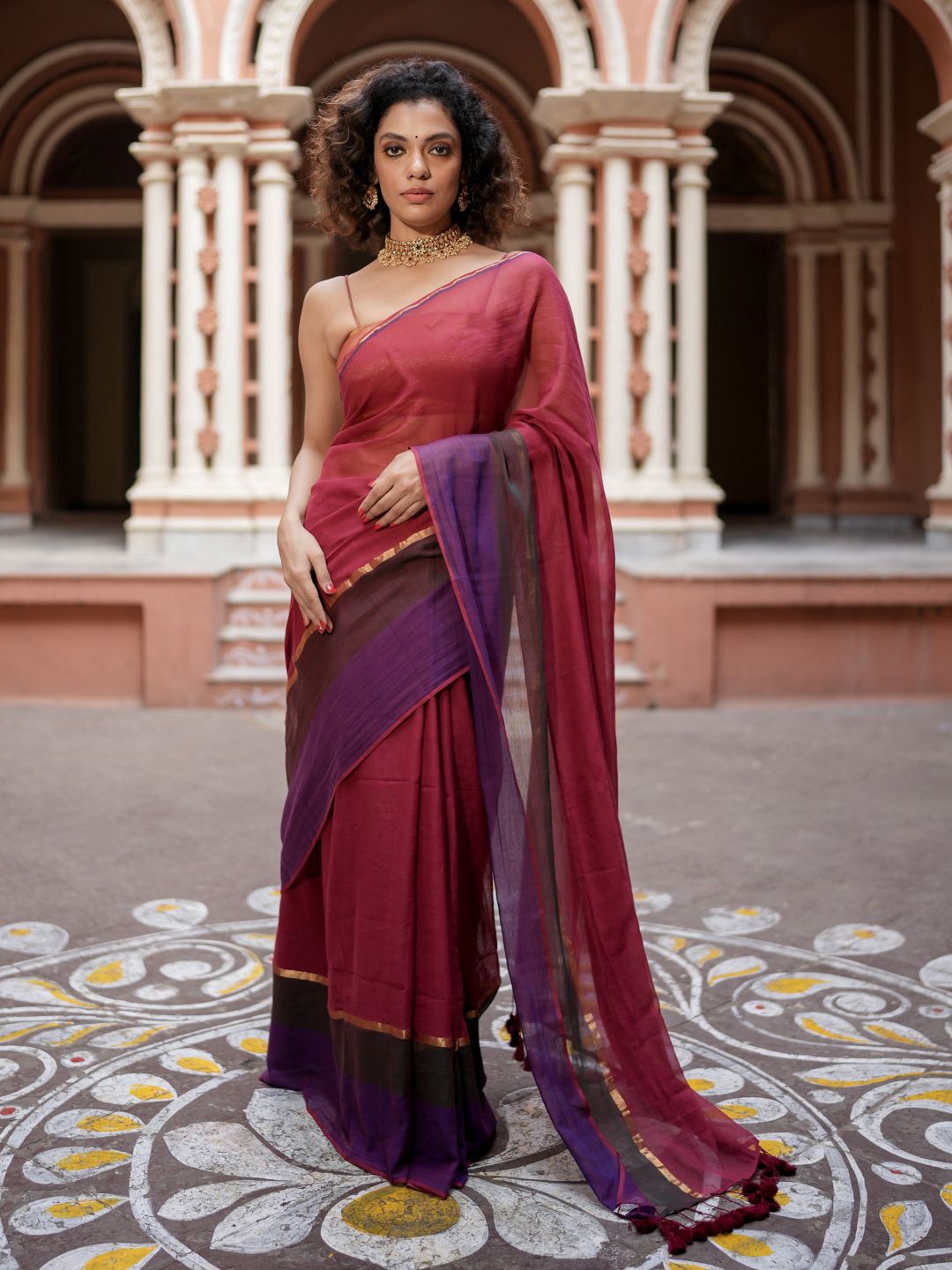 

Suta Zari Maroon Color Mul cotton Saree