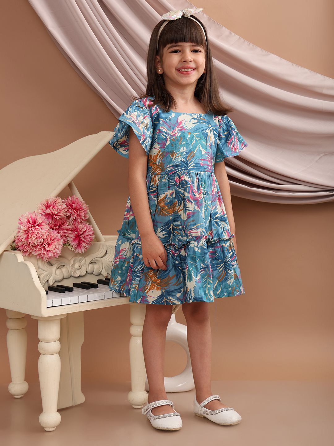 

Superminis Girls Floral Print Flared Sleeve Fit & Flare Dress, Blue