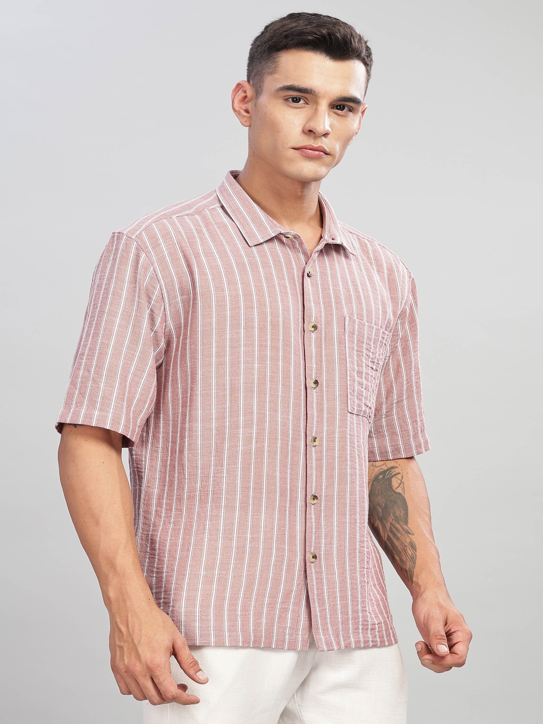 

HERE&NOW Men Opaque Striped Casual Shirt, Mauve