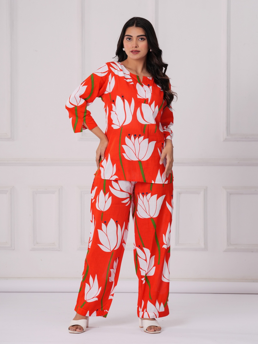

PINGAKSH Printed Pure Cotton Top With Trousers Co-Ords, Orange