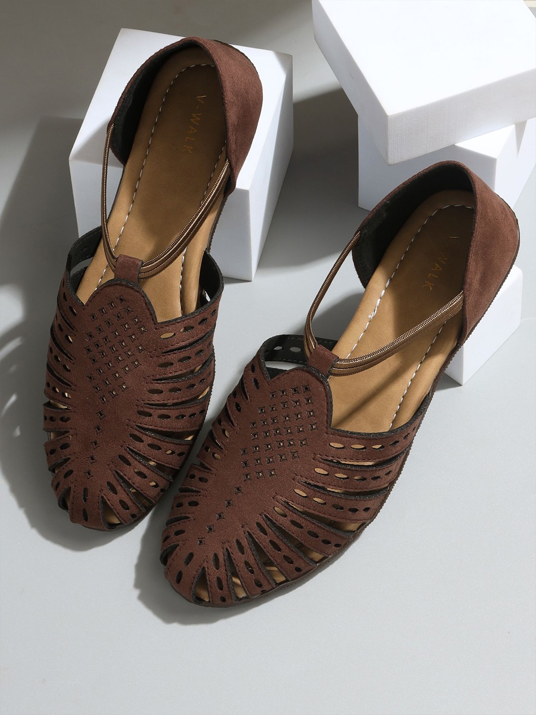 

V-WALK Women Laser-Cut Indic Design Ankle-Strap Flat, Brown