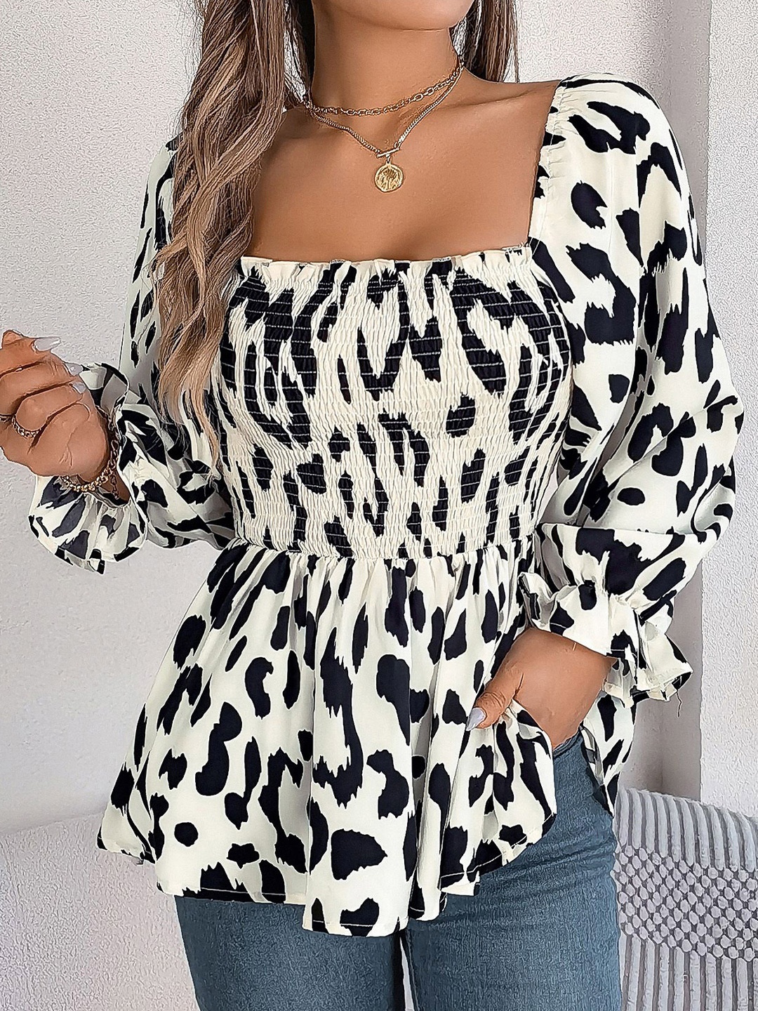 

StyleCast x Revolte Abstract Printed Peplum Longline Top, White