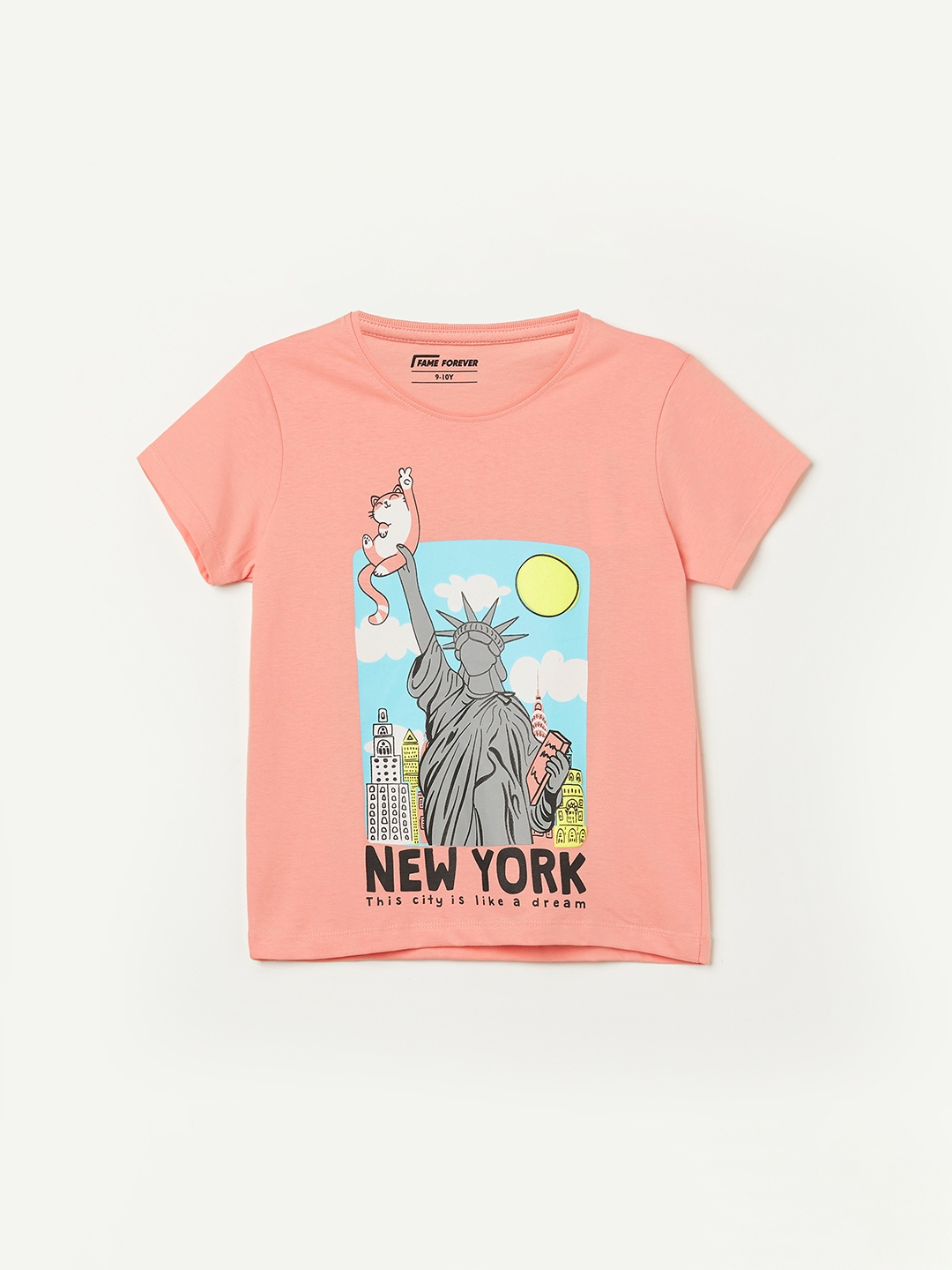

Fame Forever by Lifestyle Girls Graphic Printed Round Neck Cotton T-shirt, Peach