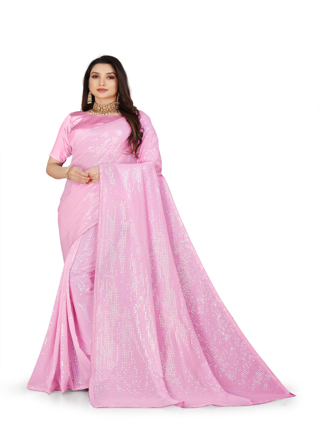 

Moda Rapido Embellished Sequinned Poly Georgette Saree, Pink