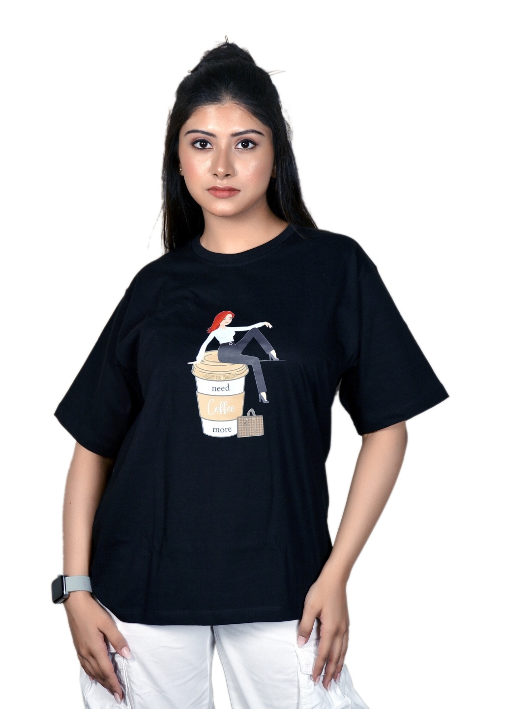 

JAC INDIAN Women Graphic Printed Round Neck Cotton Oversized T-shirt, Black