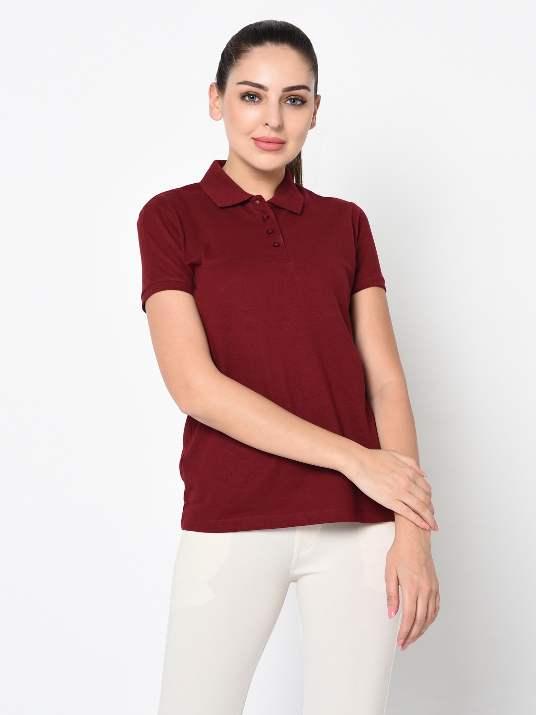 

Moda Rapido Women Solid Polo Collar Cotton T-shirt, Maroon