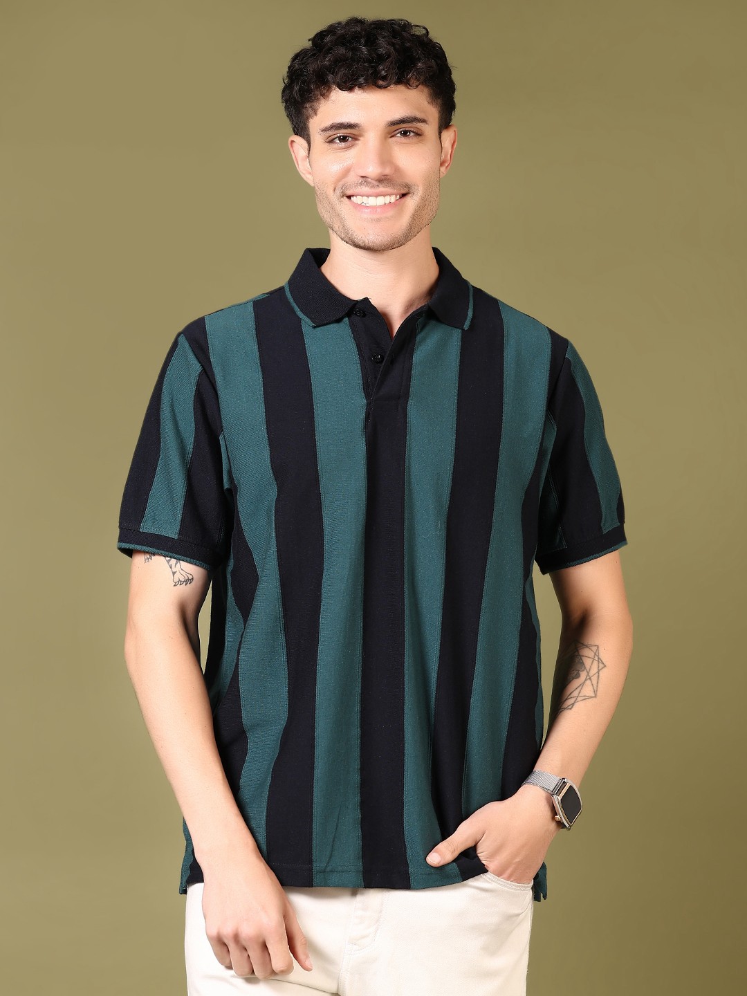 

V-Mart Men Striped Polo Collar Cotton T-shirt, Green