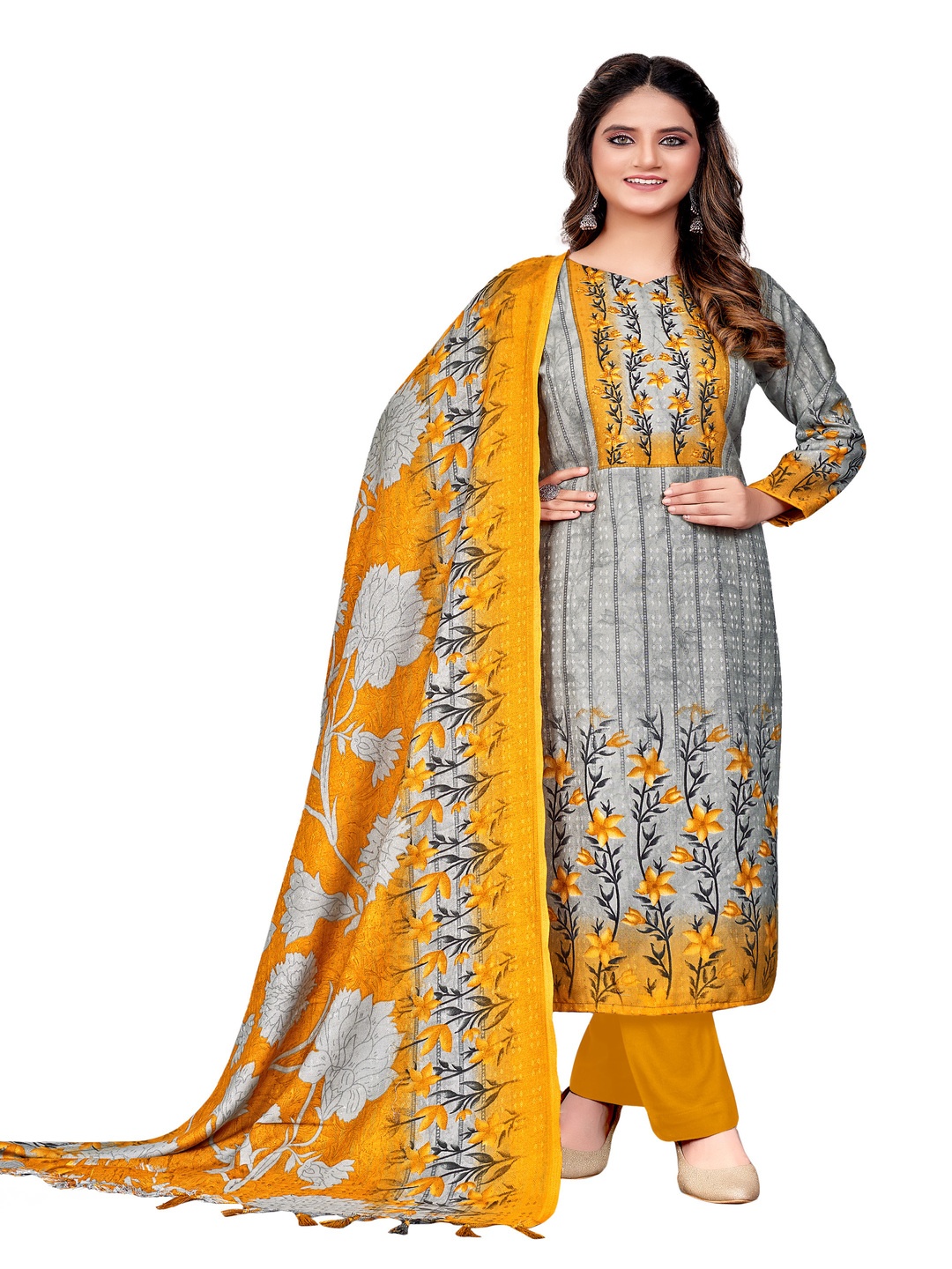 

DRAVINAM Trends Floral Printed Pashmina Unstitched Dress Material, Yellow