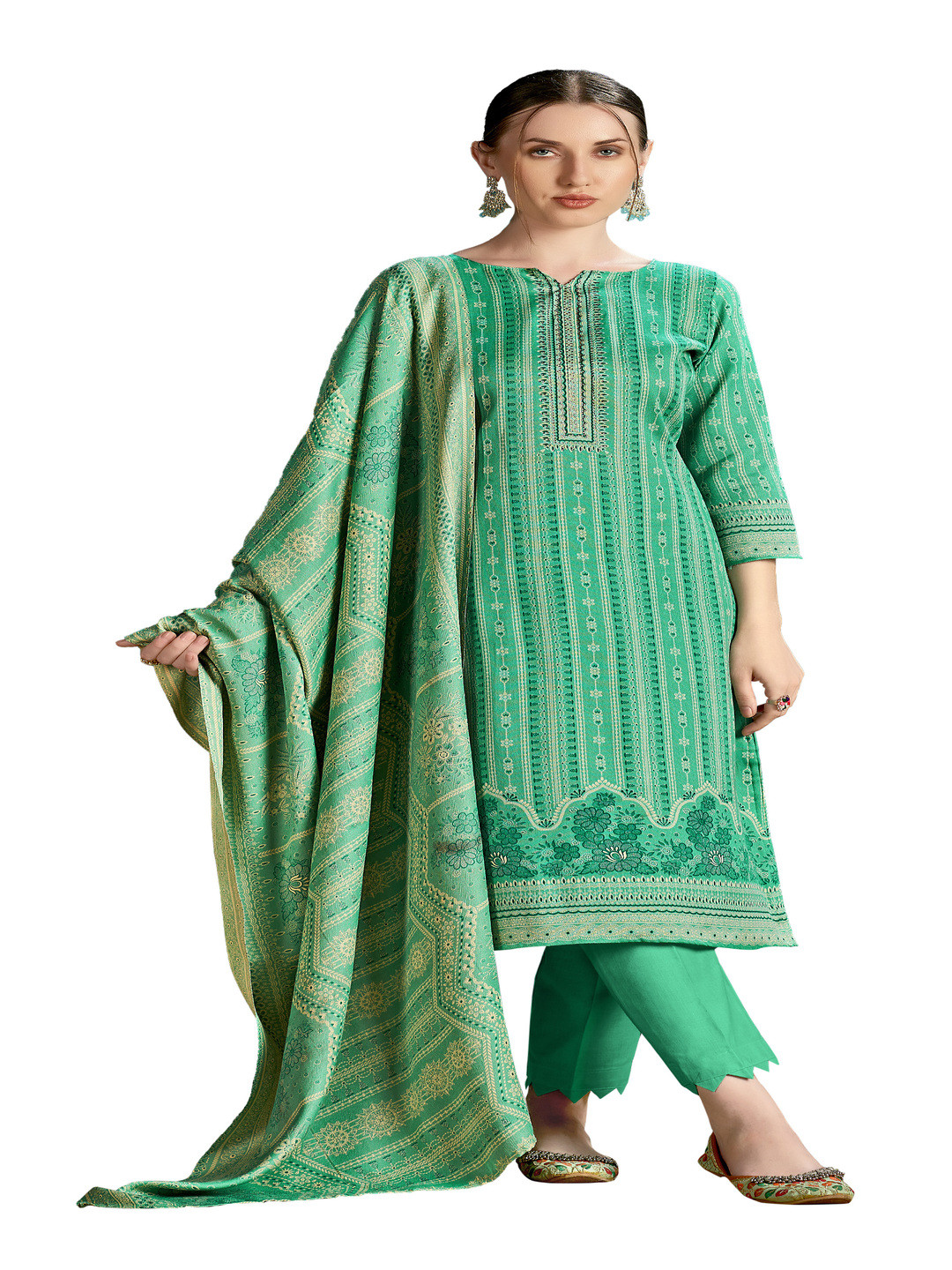 

DRAVINAM Trends Floral Printed Pashmina Unstitched Dress Material, Green