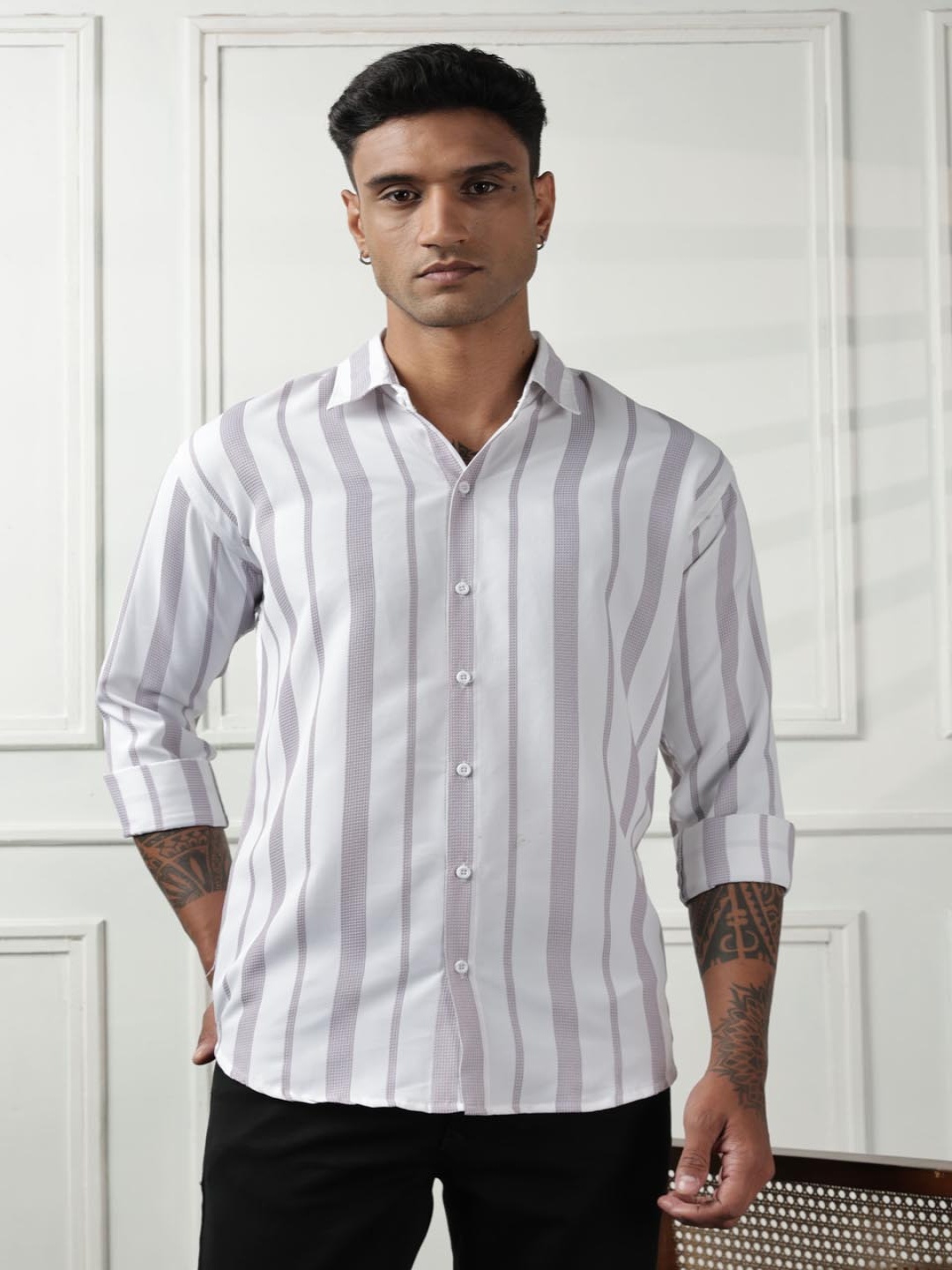 

SWADESI STUFF Men Comfort Fit Spread Collar Vertical Striped Casual Shirt, White