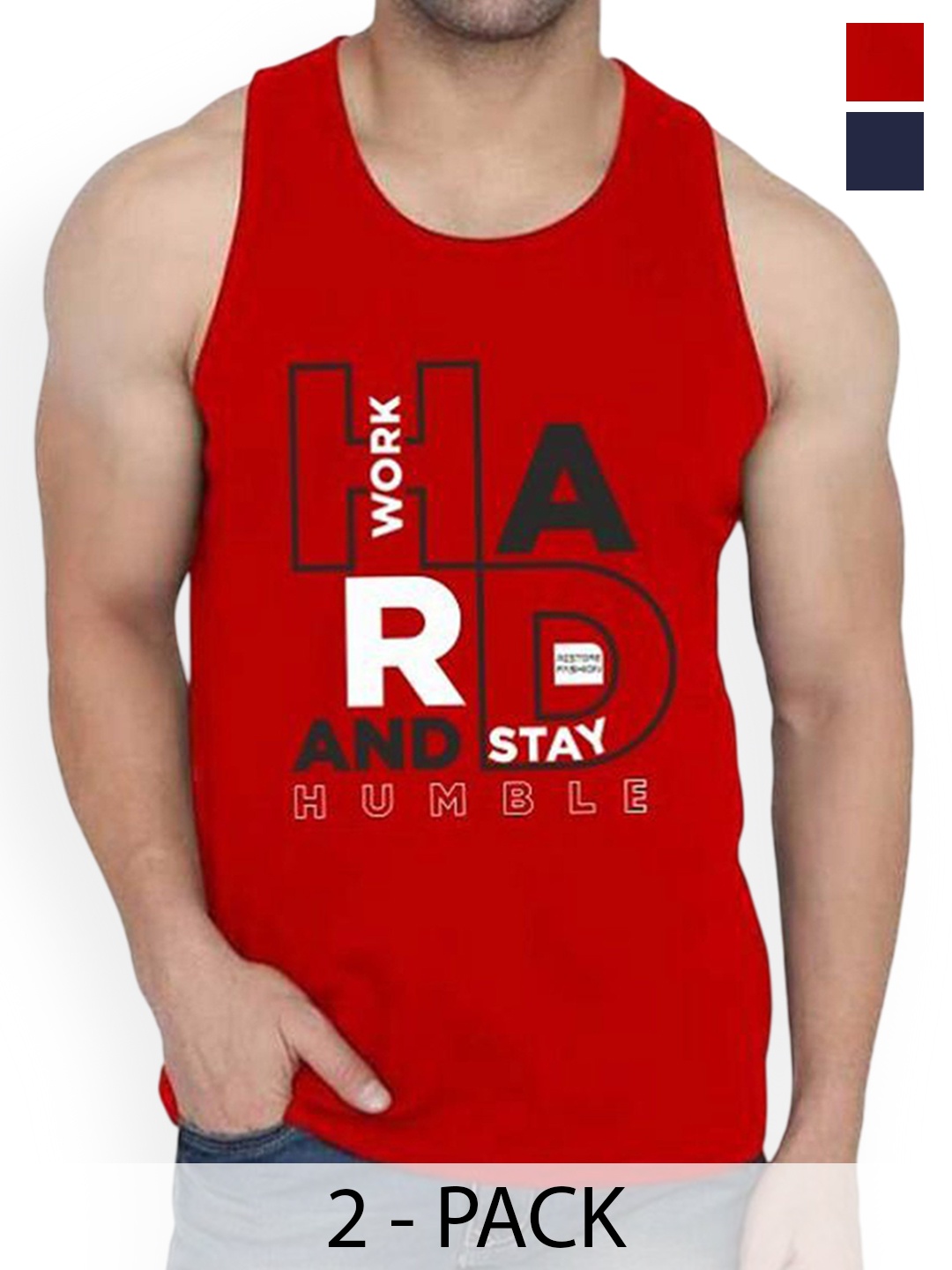 

WOOSTRO Pack Of 2 Printed Combed Cotton Gym Vest RS26 CMB (HARD RED) (MORE NAVY)