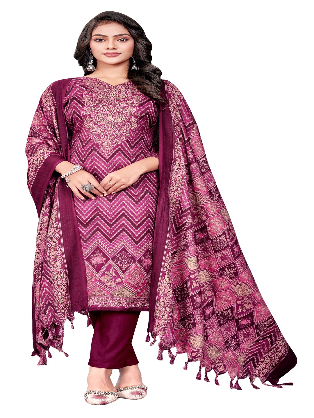 

DRAVINAM Trends Chevron Printed Pashmina Unstitched Dress Material, Maroon