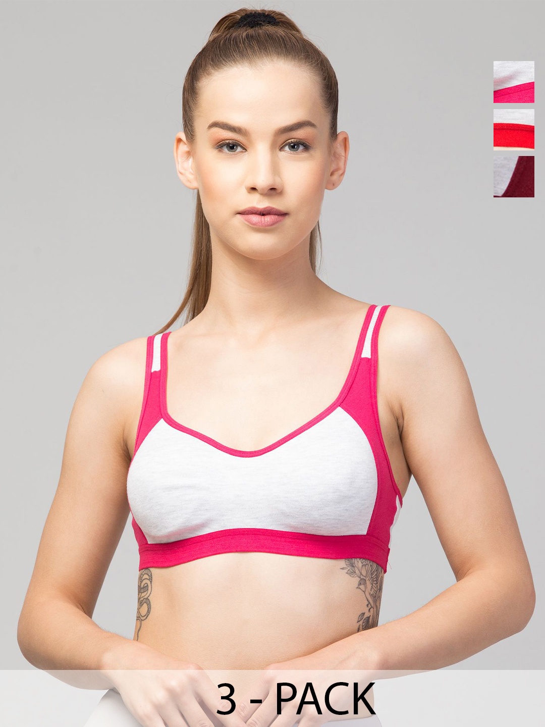 

CKARFE Women Pack Of 3 Colourblocked Full Coverage Non Padded Pure Cotton Workout Bra, Maroon