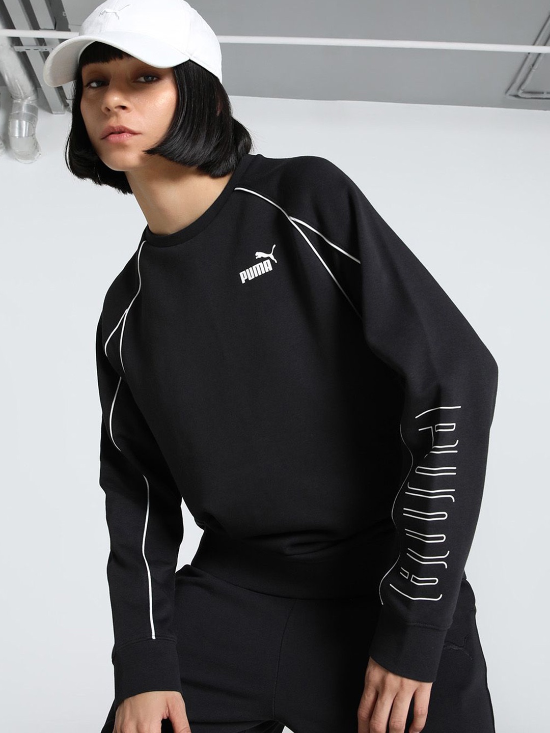 

Puma Sport Women Cotton Printed Relaxed Fit Pullover Sweatshirt, Black
