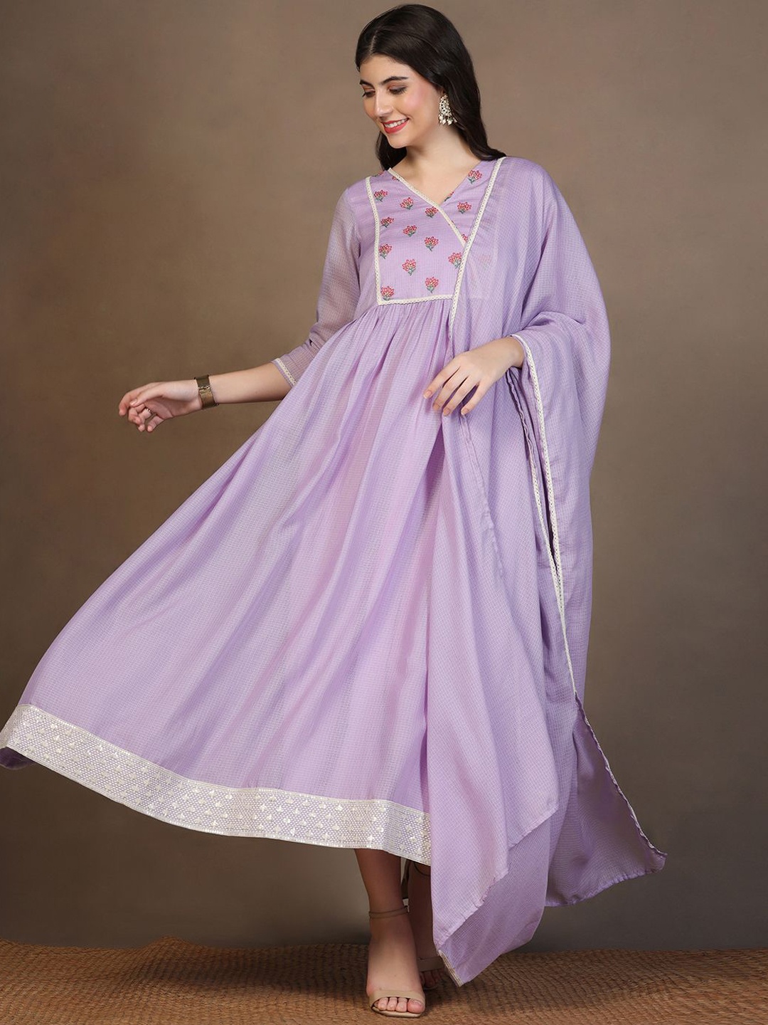 

Moda Rapido Embroidered A-line Maxi Dress With Dupatta, Lavender