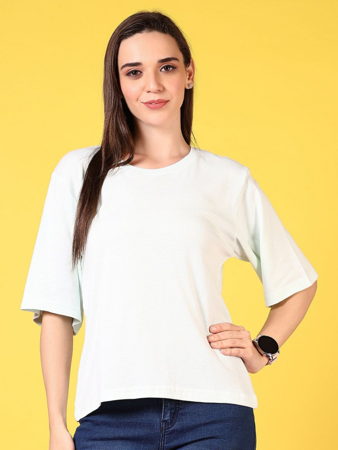 

V-Mart Women Self Design Round Neck Cotton Relaxed Fit T-shirt, White