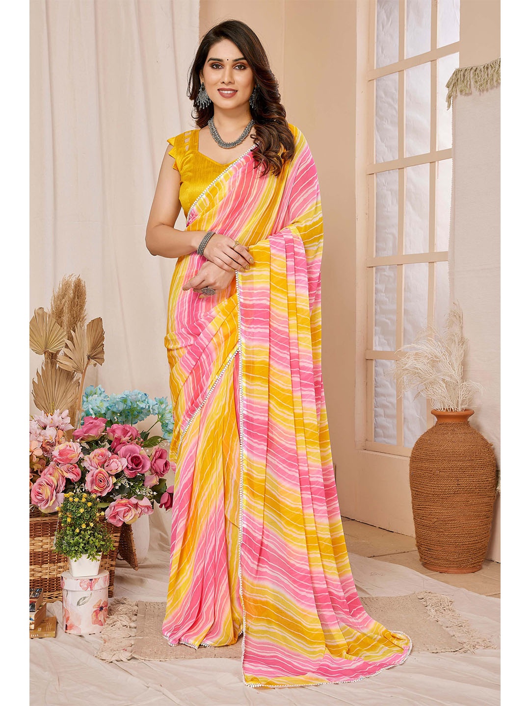 

bansari textiles Striped Pure Chiffon Ready to Wear Saree, Yellow