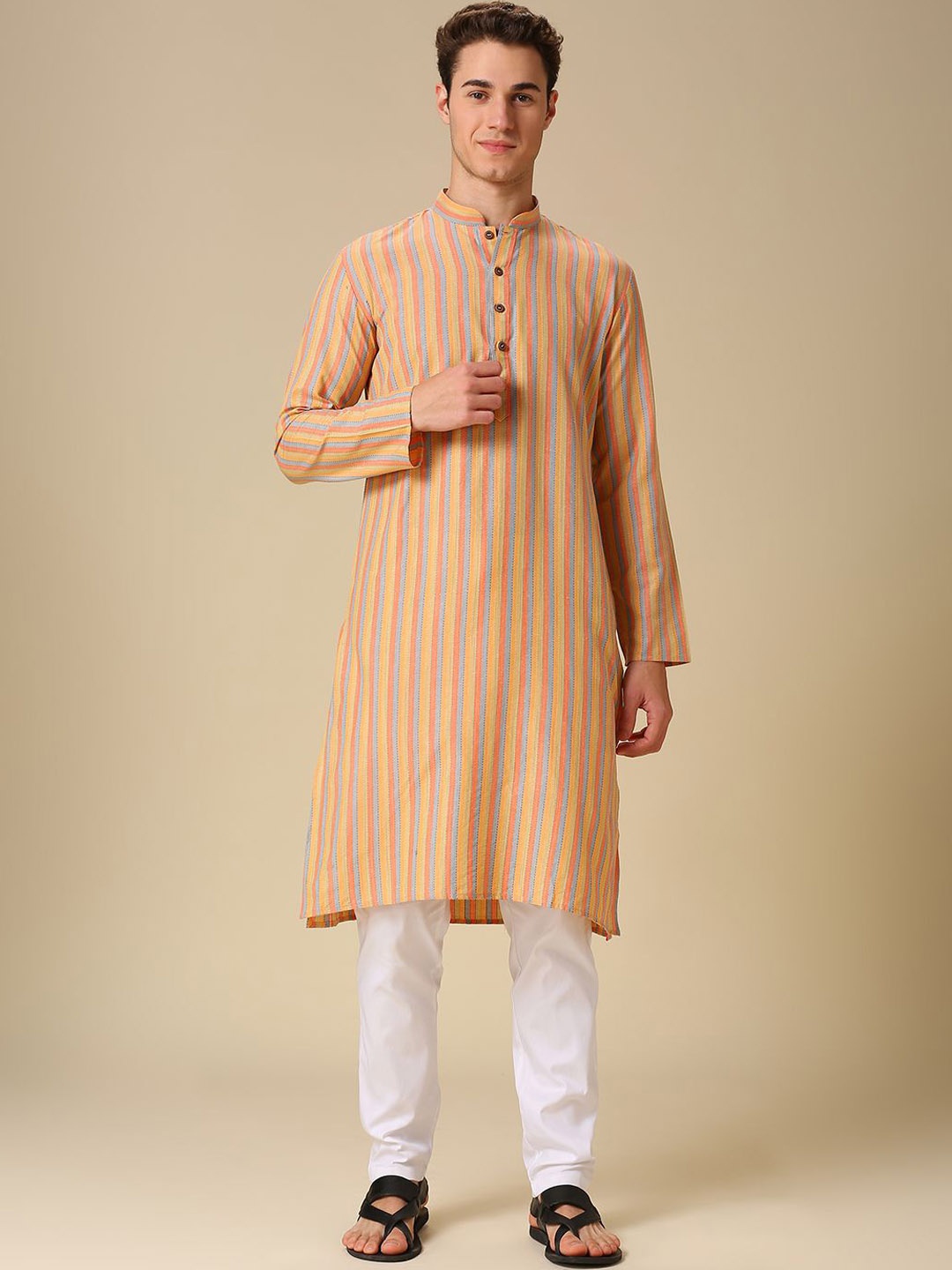 

RAJUBHAI HARGOVINDAS Striped Mandarin Collar Pure Cotton Straight Kurtas, Peach