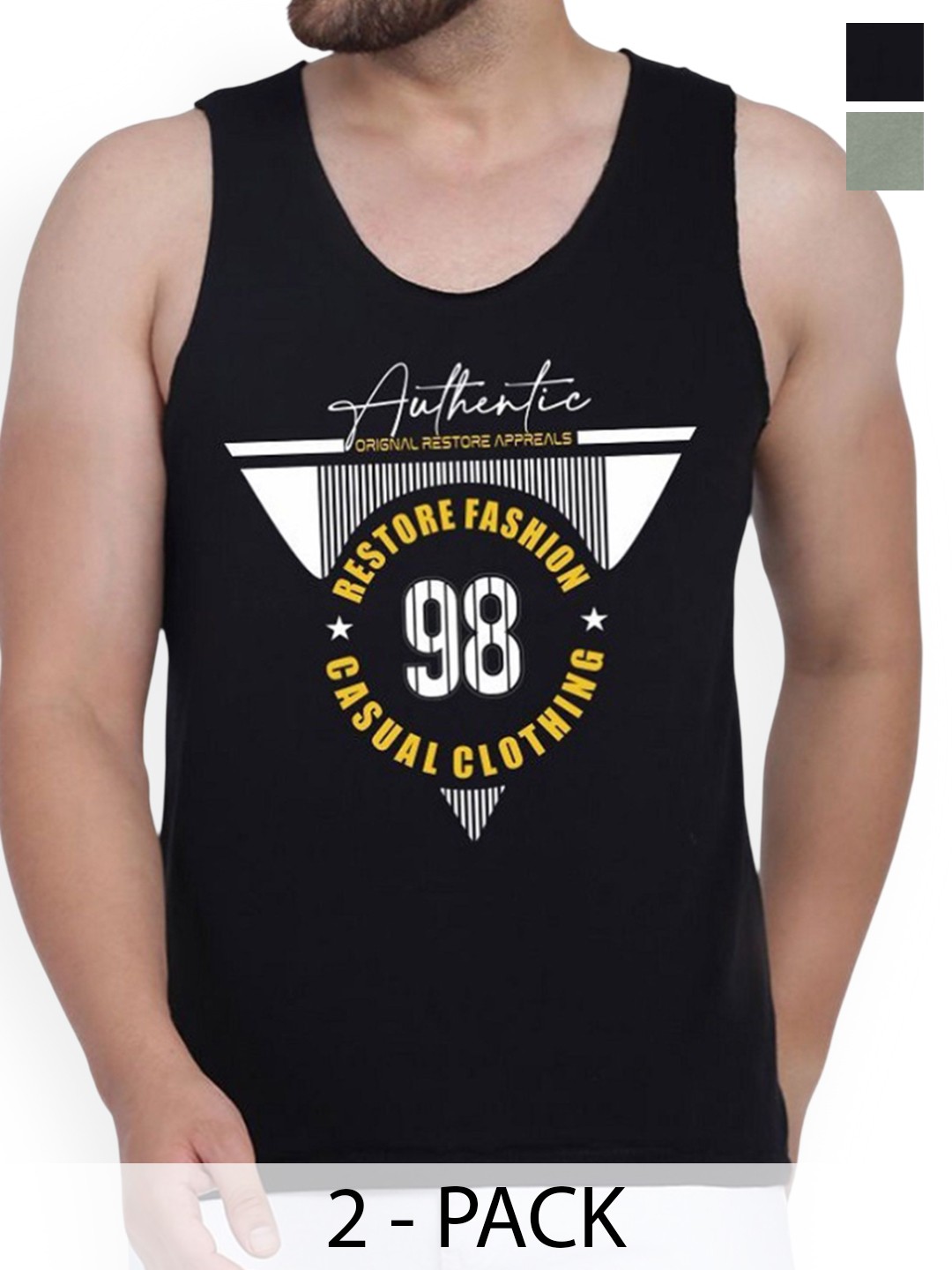 

WOOSTRO Men Pack Of 2 Printed Combed Cotton Gym Vest, Black