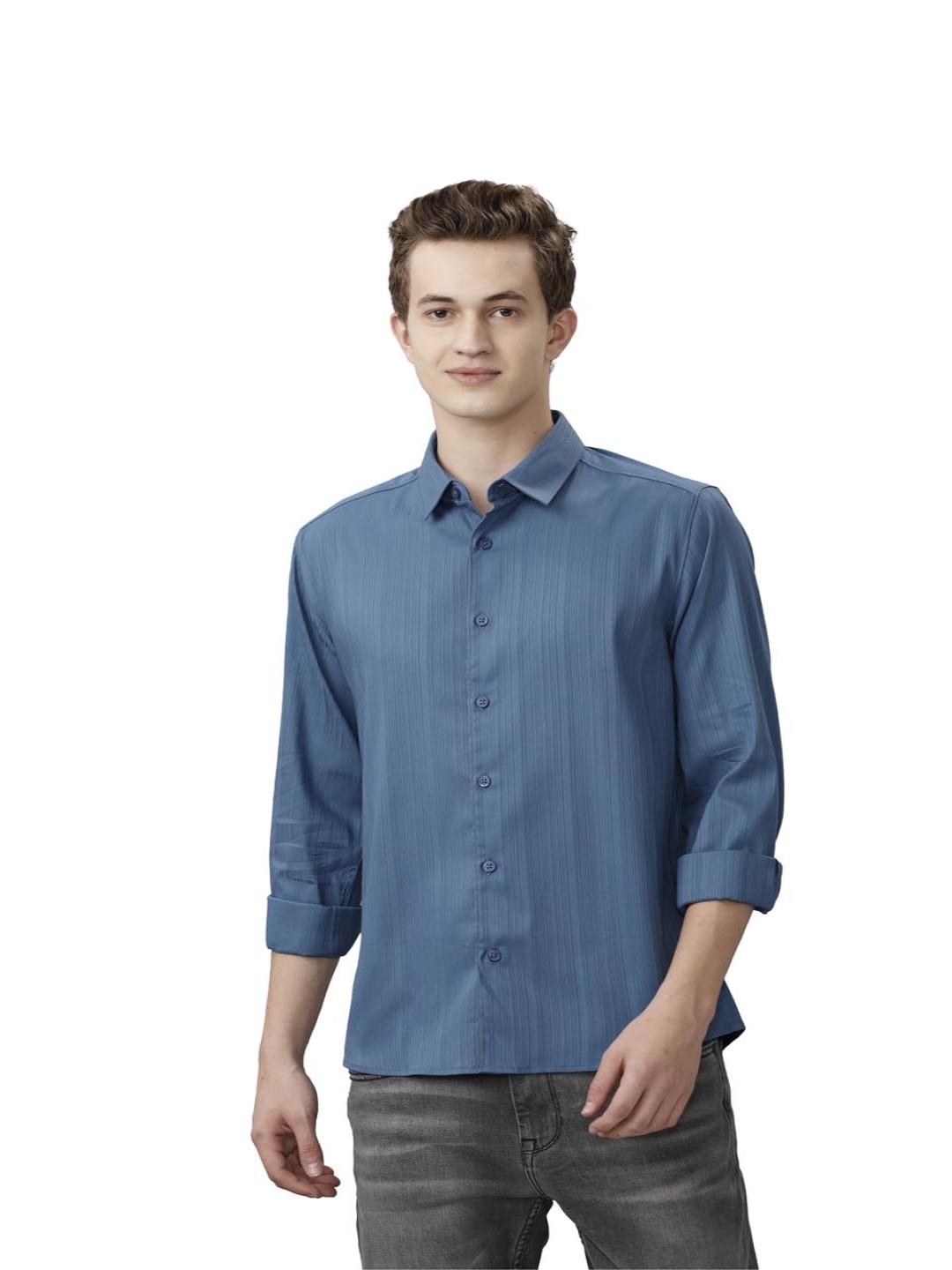 

Voi Jeans Men Relaxed Fit Spread Collar Textured Cotton Casual Shirt, Teal