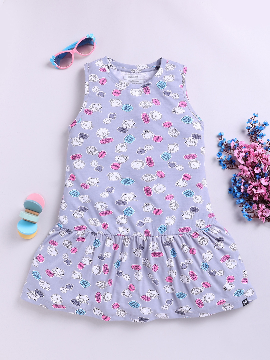 

YK X Minute Mirth Peanuts Print Cotton Drop-Waist Dress, Grey