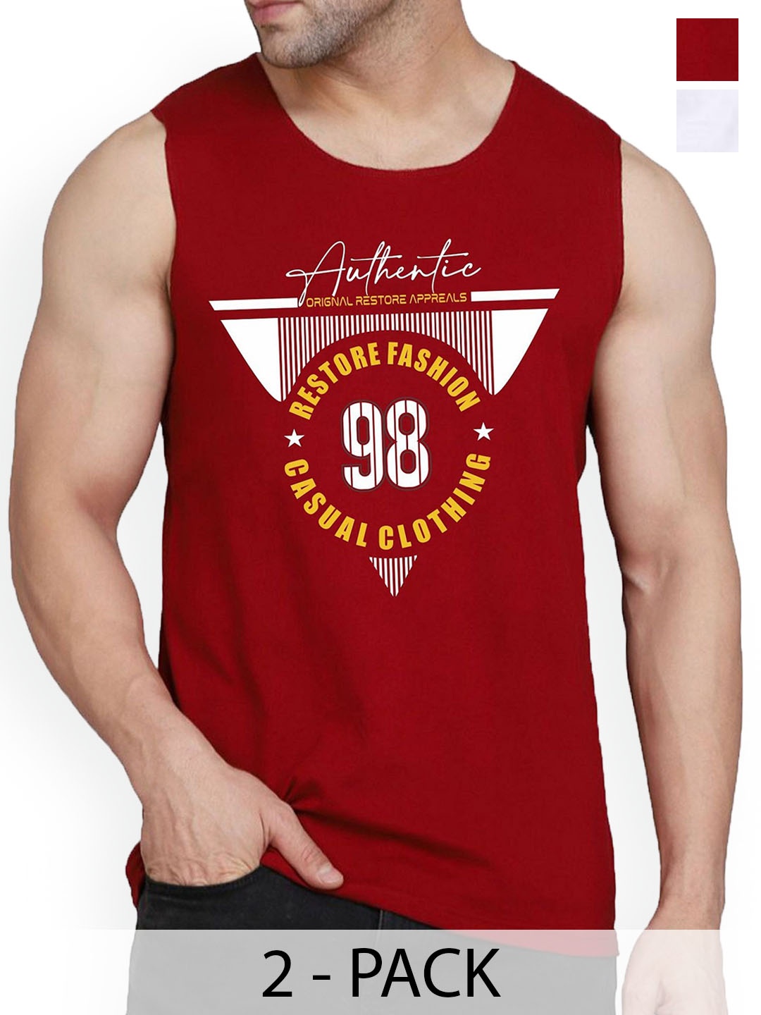 

Woostro Pack Of 2 Printed Pure Combed Cotton Gym VestsRS26 CMB (MORE WHITE) (98 MAROON)