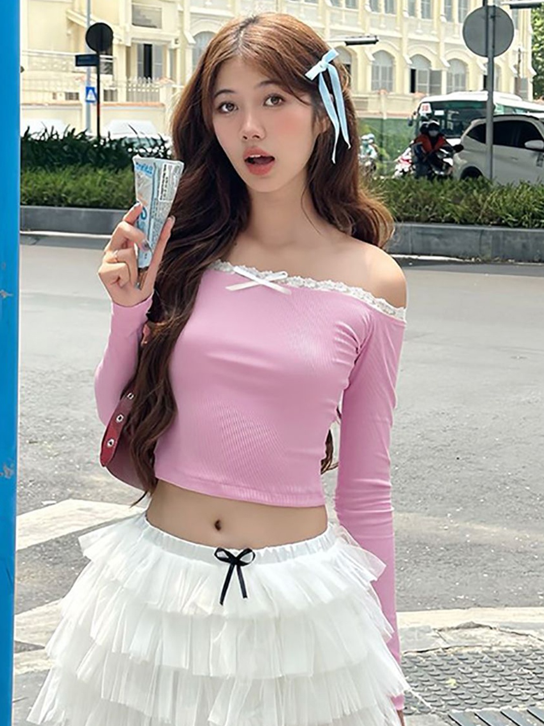 

StyleCast x Revolte Women Off-Shoulder Fitted Crop Top, Pink