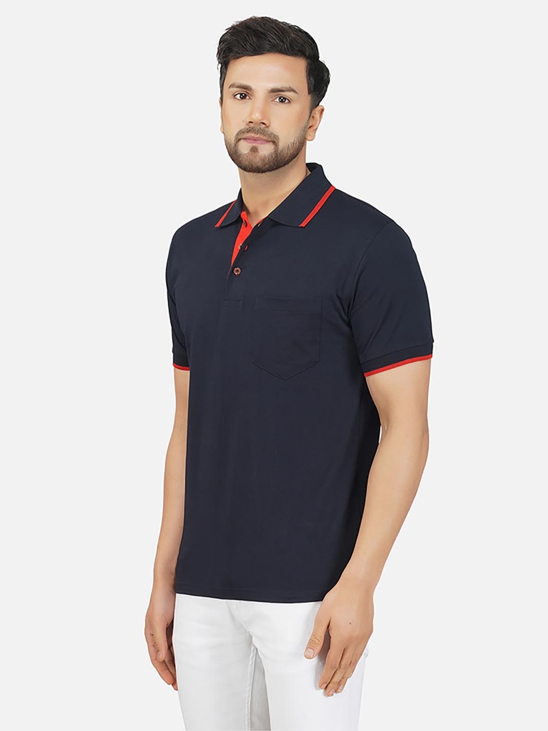 

ALARM Men Solid Polo Collar Cotton T-shirt, Navy blue