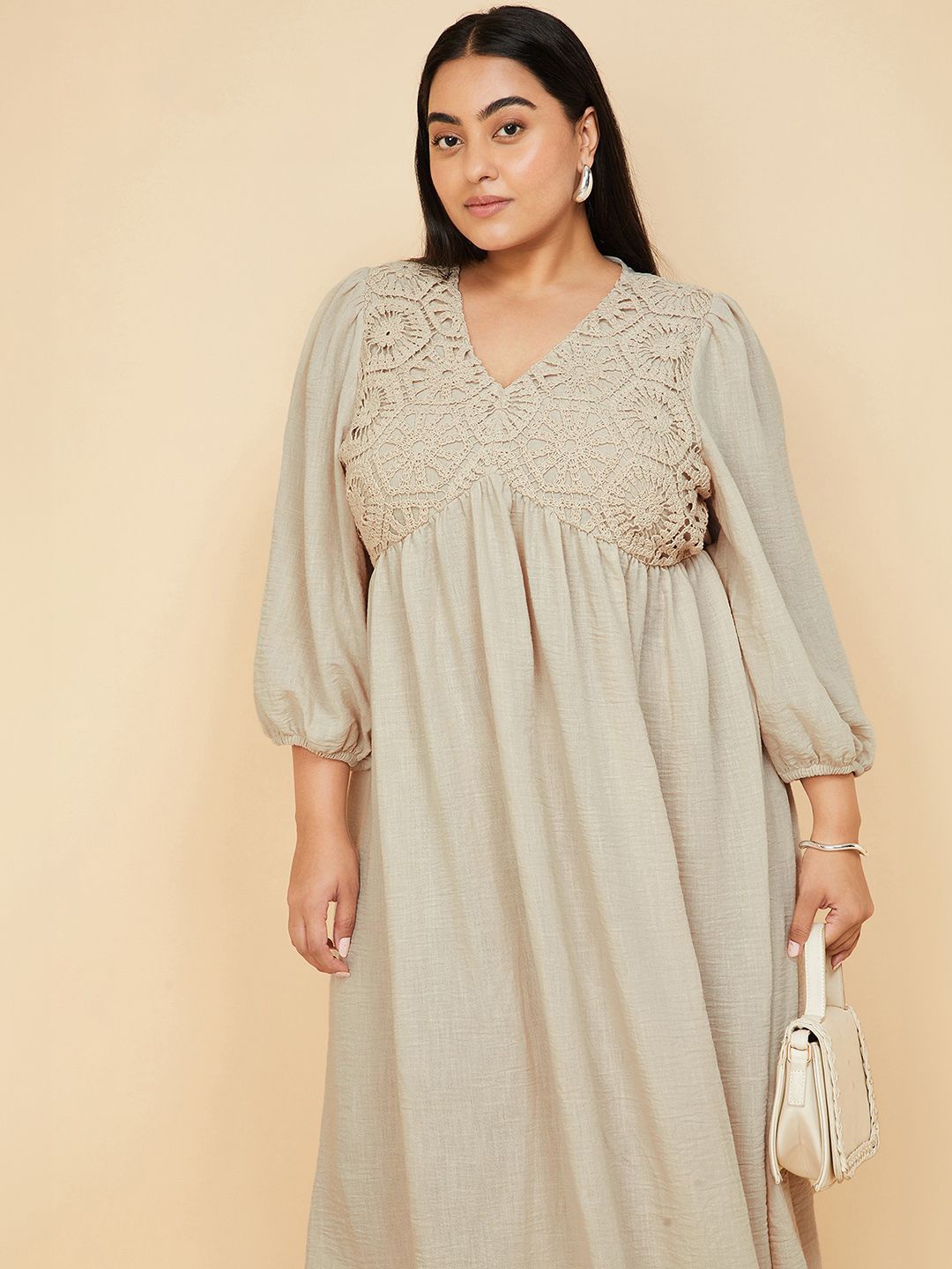 

Max Women Plus Size Puff Sleeve A-Line Midi Dress, Beige