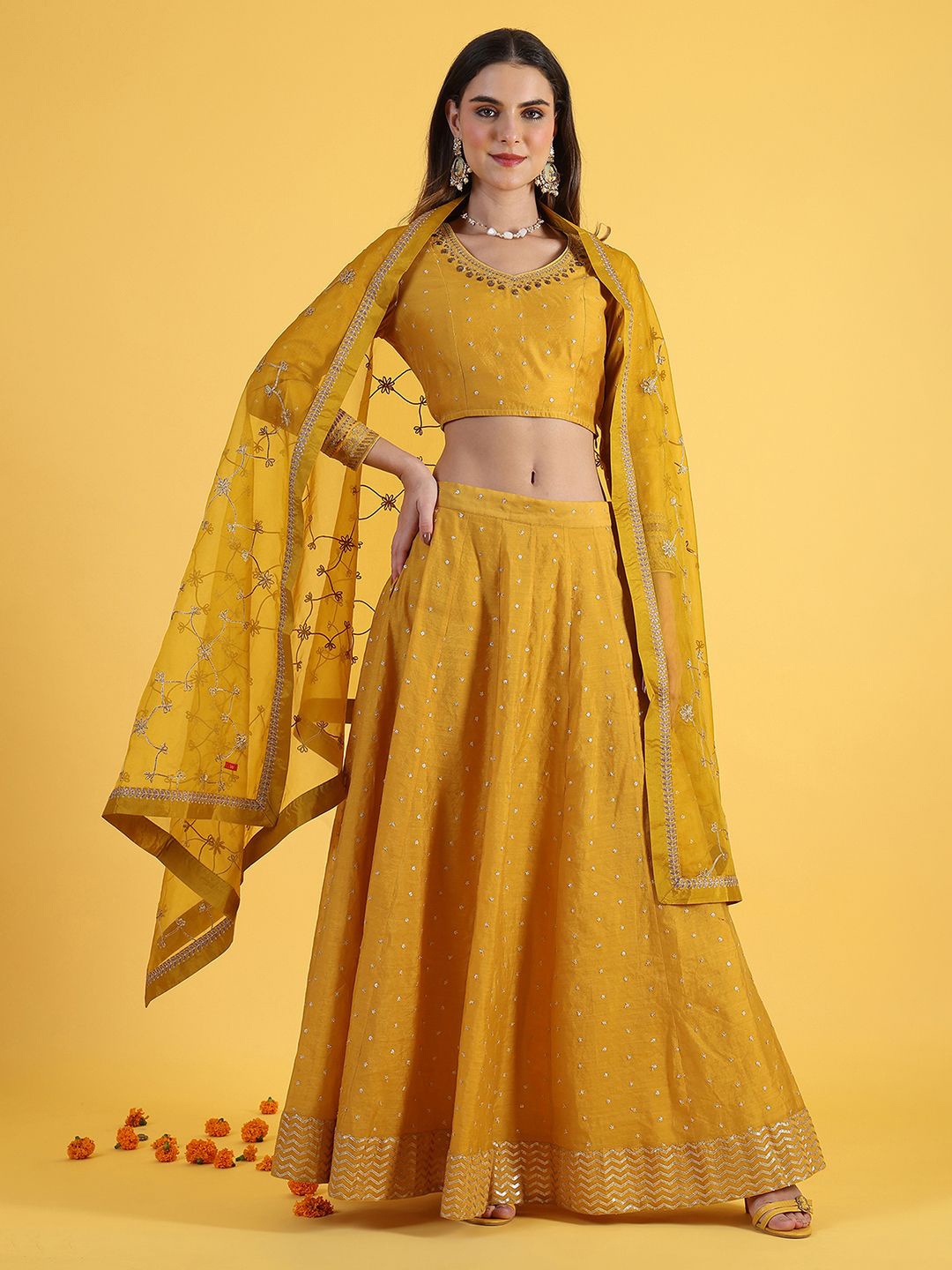 

W Embroidered Sequinned Ready to Wear Lehenga & Blouse With Dupatta, Yellow